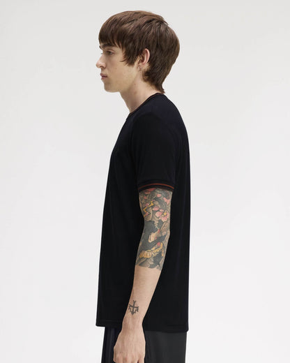 Fred Perry Mens Twin Tipped T-Shirt - Navy/Burgundy/Rich brown 75C side profile
