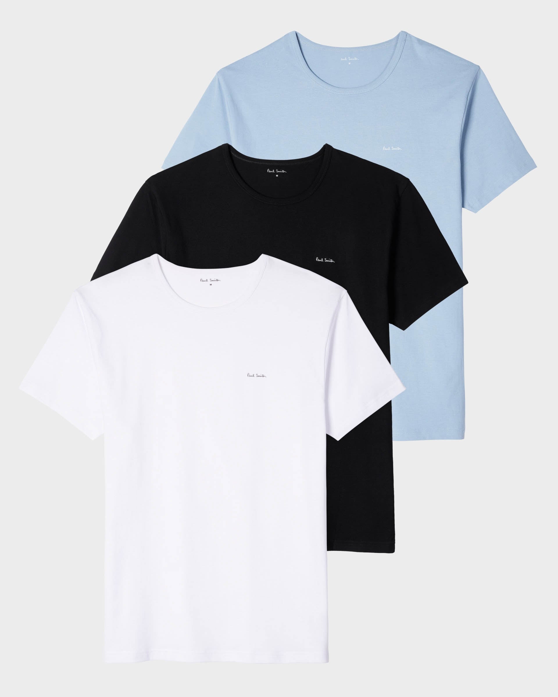 Flat lay shot of Paul Smith Mens 3 Pack Script Logo T-Shirts in 1B Multicolour, all three shirts - Front