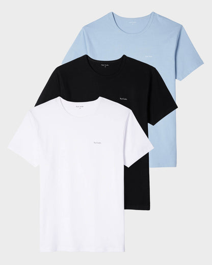 Flat lay shot of Paul Smith Mens 3 Pack Script Logo T-Shirts in 1B Multicolour, all three shirts - Front