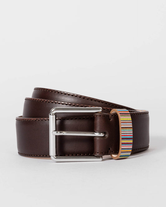 Paul Smith Mens Leather Belt with Signature Stripe Keeper - 66 Chocolate