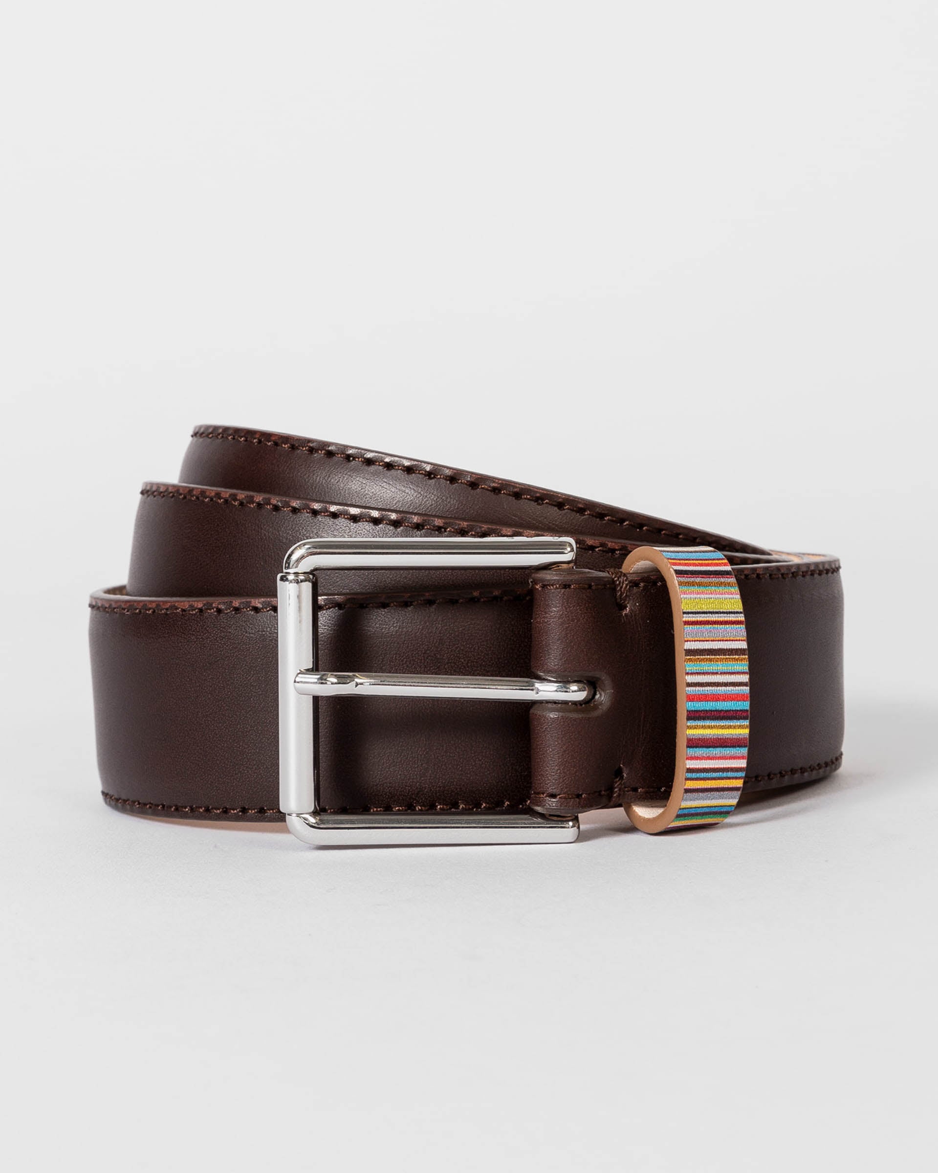 Paul Smith Mens Leather Belt with Signature Stripe Keeper - 66A Brown | CHO | Designer Mens Belts