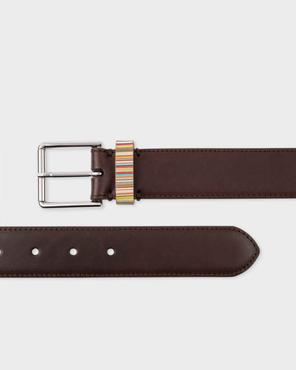 Paul Smith Mens Leather Belt with Signature Stripe Keeper - 66A Brown | CHO | Designer Mens Belts