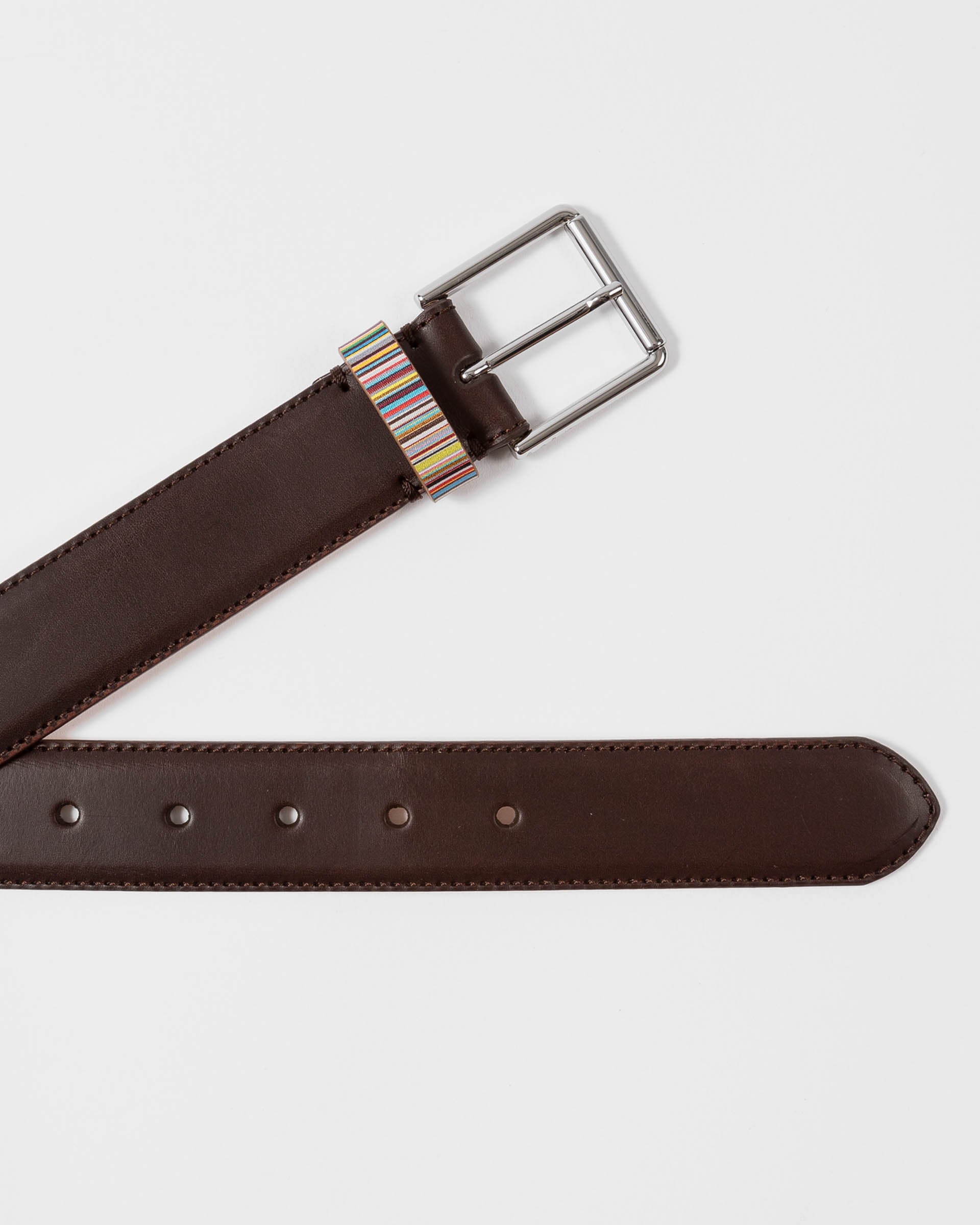 Paul Smith Mens Leather Belt with Signature Stripe Keeper - 66A Brown | CHO | Designer Mens Belts