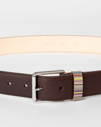 Paul Smith Mens Leather Belt with Signature Stripe Keeper - 66 Chocolate