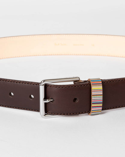 Paul Smith Mens Leather Belt with Signature Stripe Keeper - 66A Brown | CHO | Designer Mens Belts