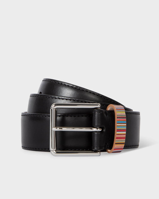Paul Smith Mens Leather Belt with Signature Stripe Keeper - 79A Black | CHO | Designer Mens Belts