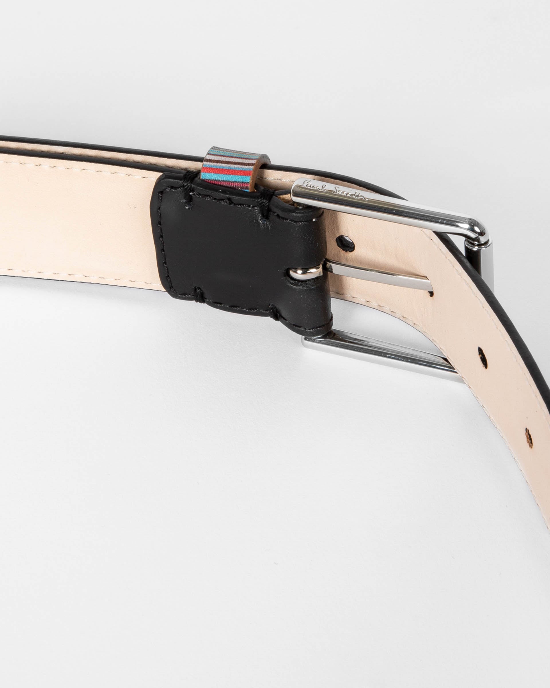Paul Smith Mens Leather Belt with Signature Stripe Keeper - 79A Black | CHO | Designer Mens Belts