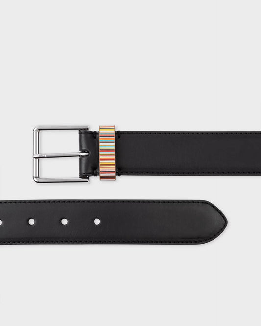 Paul Smith Mens Leather Belt with Signature Stripe Keeper - 79 Black