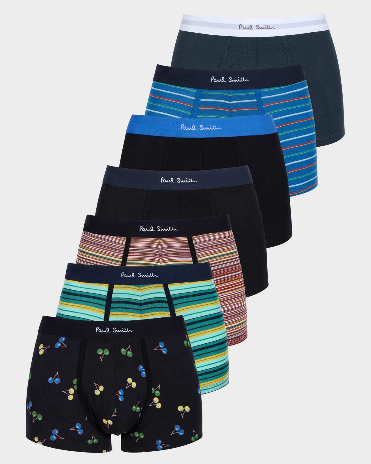 Paul Smith 7 - Pack Mens Striped/Plain/Patterned Trunks with Signature Logo Waistband - 1A Mixed Plate 1 | CHO | Designer Mens Underwear