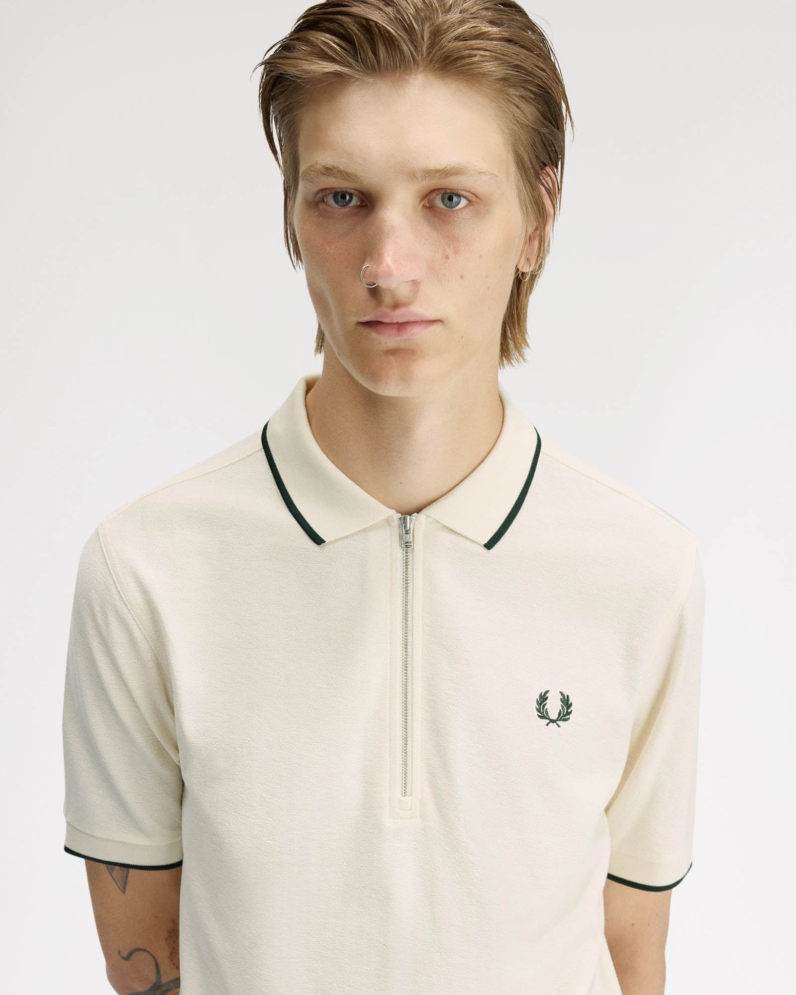 Fred Perry Mens Crepe Pique Polo Shirt - Ecru 560 | CHO | Designer Mens Polo Shirts