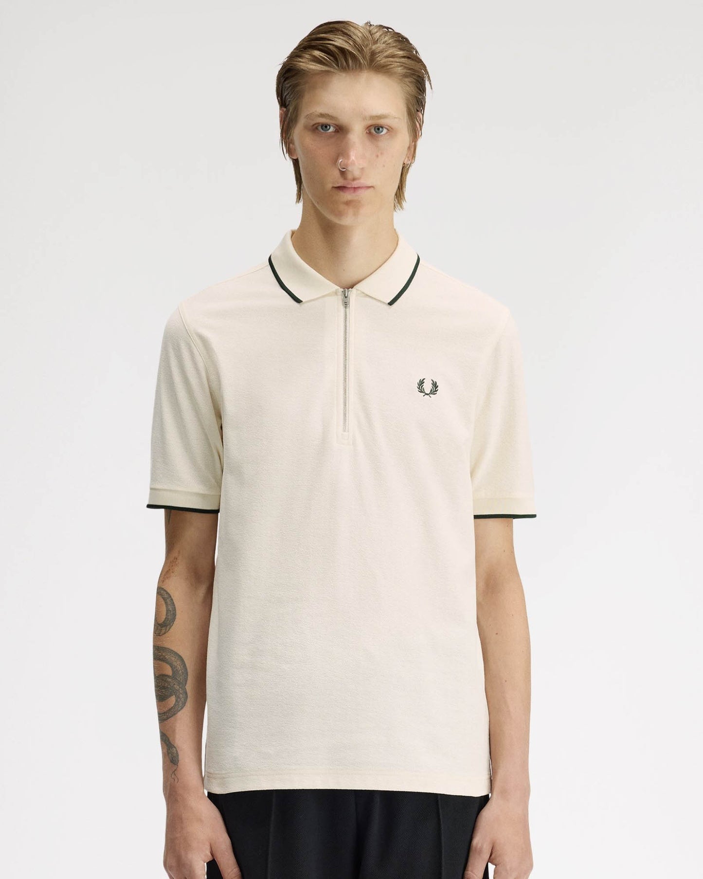 Fred Perry Mens Crepe Pique Polo Shirt - Ecru 560 | CHO | Designer Mens Polo Shirts