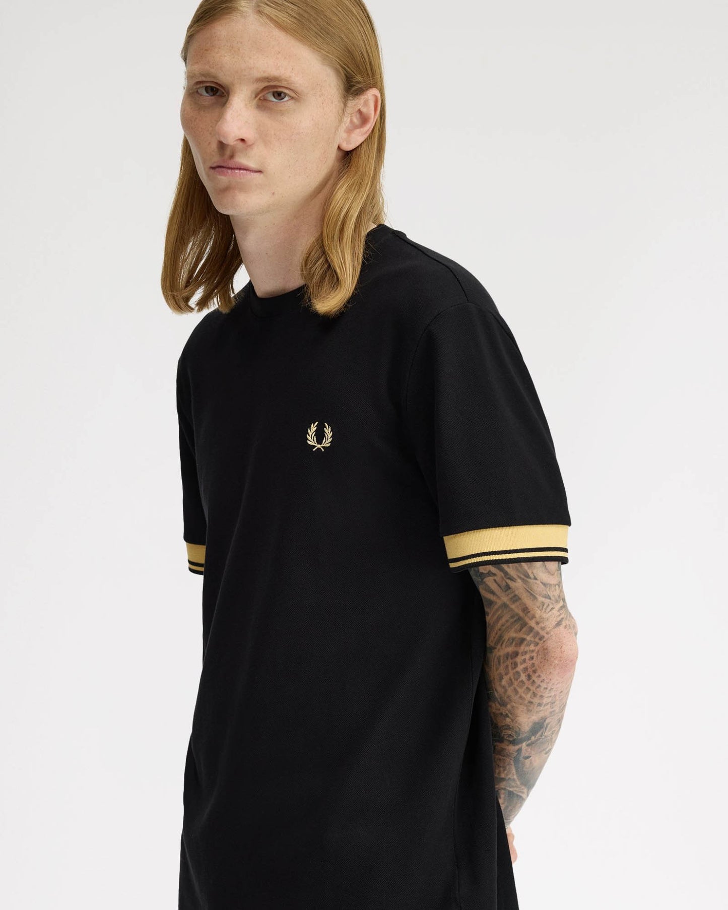 Fred Perry Mens Twin Tipped Cuff T-Shirt - Black/Champagne 90A | CHO | Designer Mens T-Shirts