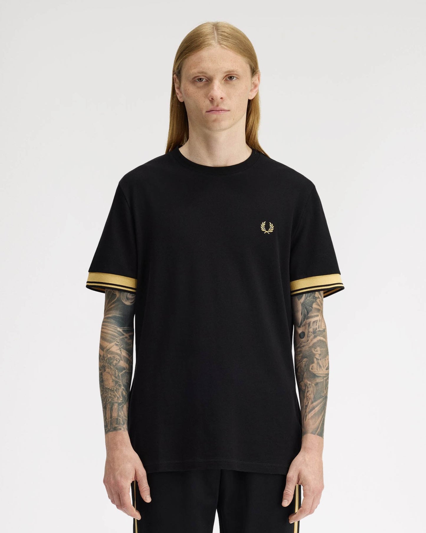 Fred Perry Mens Twin Tipped Cuff T-Shirt - Black/Champagne 90A | CHO | Designer Mens T-Shirts