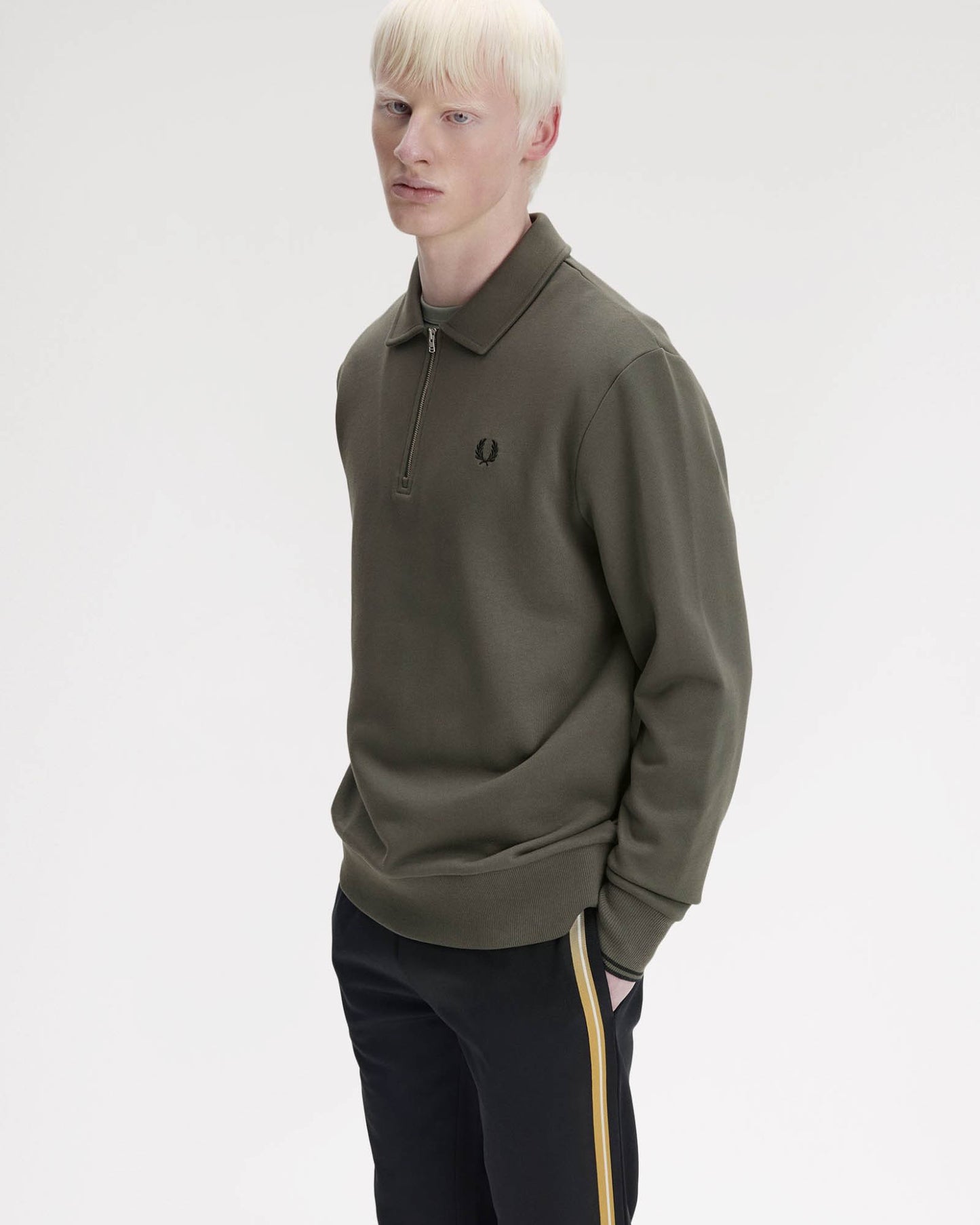 Fred Perry Mens Half Zip Collared Sweatshirt - Field Green 148 | CHO | Designer Mens Half Zip Sweatshirts