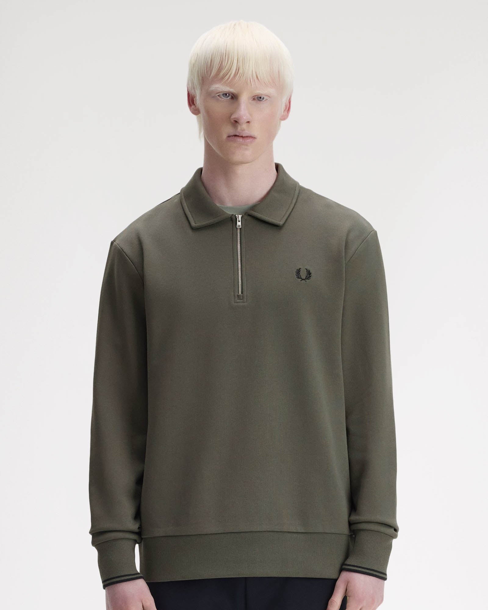 Fred Perry Mens Half Zip Collared Sweatshirt - Field Green 148 | CHO | Designer Mens Half Zip Sweatshirts