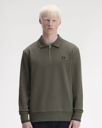 Fred Perry Mens Half Zip Collared Sweatshirt - Field Green 148 | CHO | Designer Mens Half Zip Sweatshirts