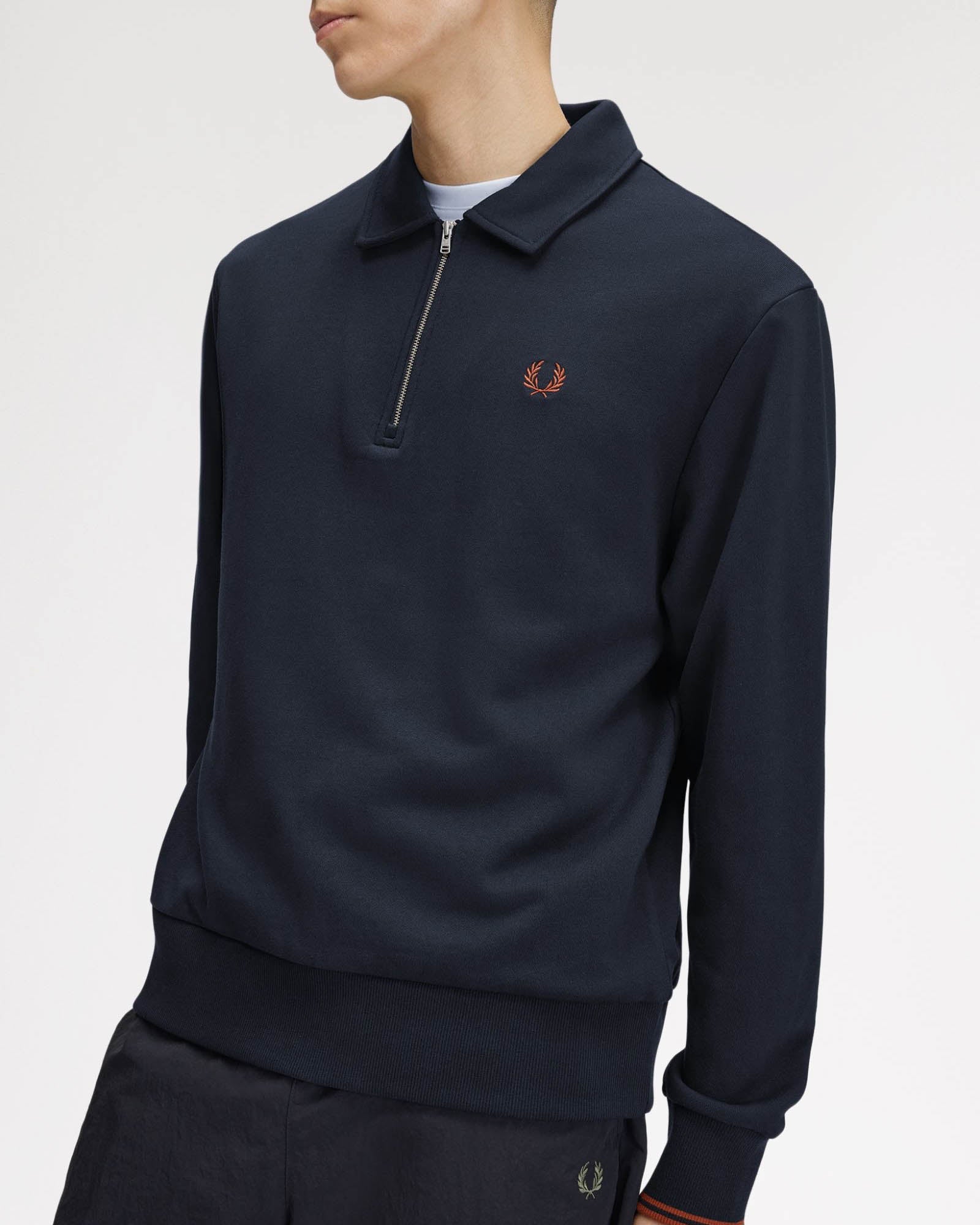 Fred Perry Mens Half Zip Collared Sweatshirt - Navy 608, front