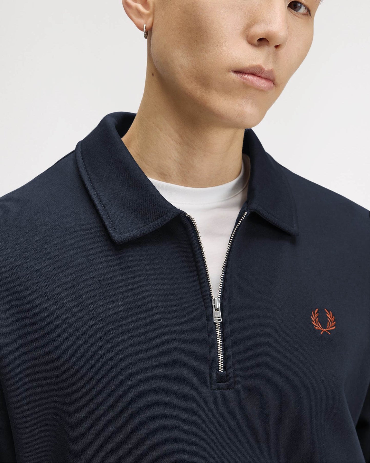 Fred Perry Mens Half Zip Collared Sweatshirt - Navy 608, collar and logo detail