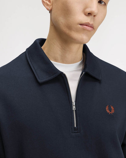 Fred Perry Mens Half Zip Collared Sweatshirt - Navy 608, collar and logo detail