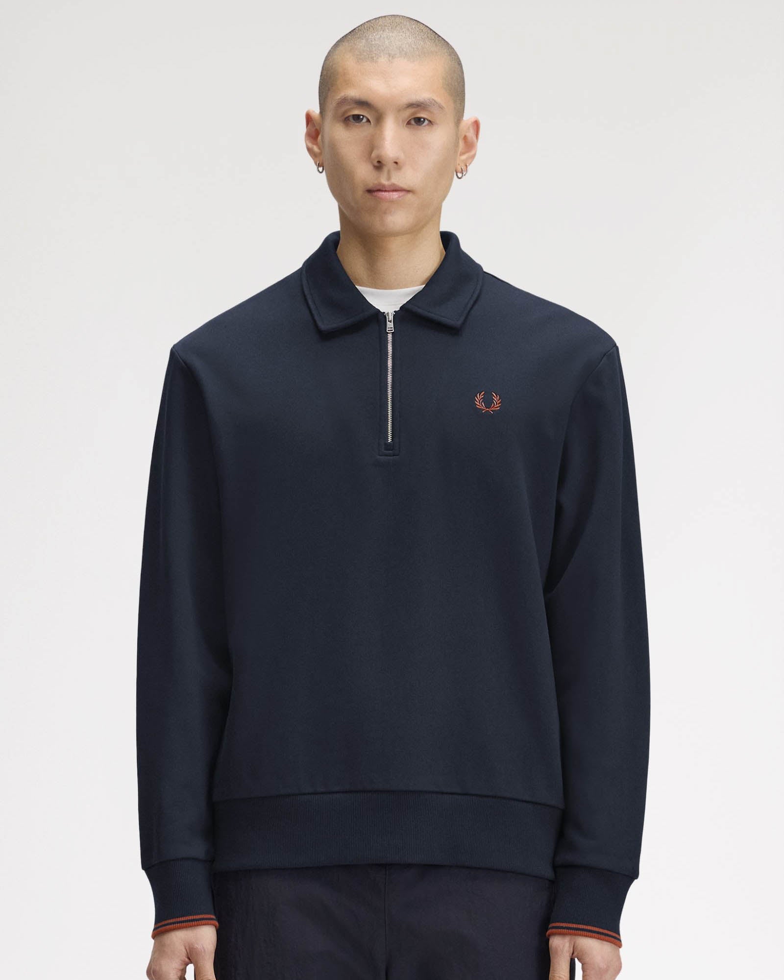 Fred Perry Mens Half Zip Collared Sweatshirt - Navy 608, front