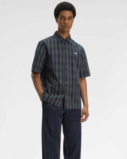 Fred Perry Mens Seersucker Check Shirt - Navy 608 | CHO | Designer Mens Short Sleeve Shirts