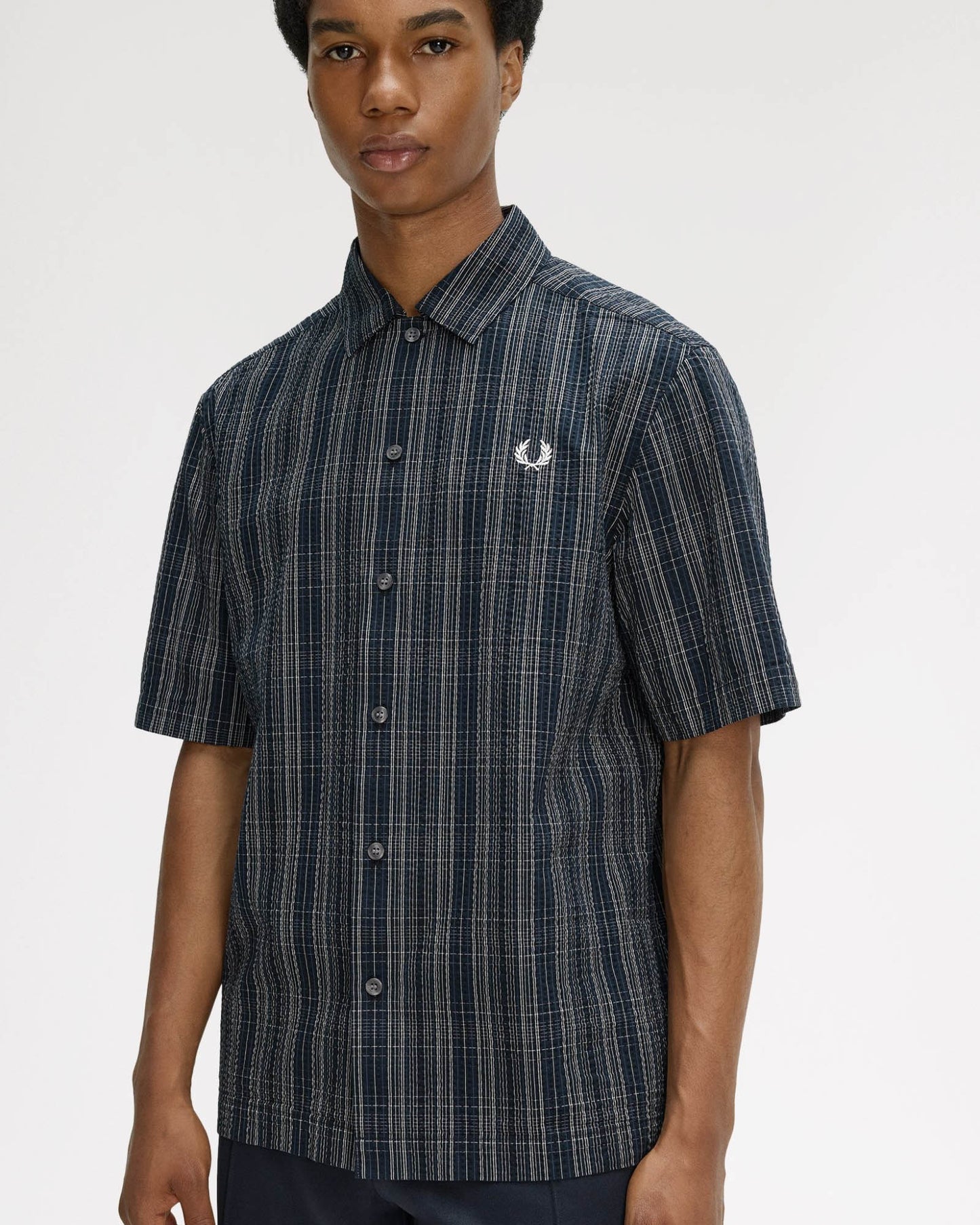 Fred Perry Mens Seersucker Check Shirt - Navy 608 | CHO | Designer Mens Short Sleeve Shirts