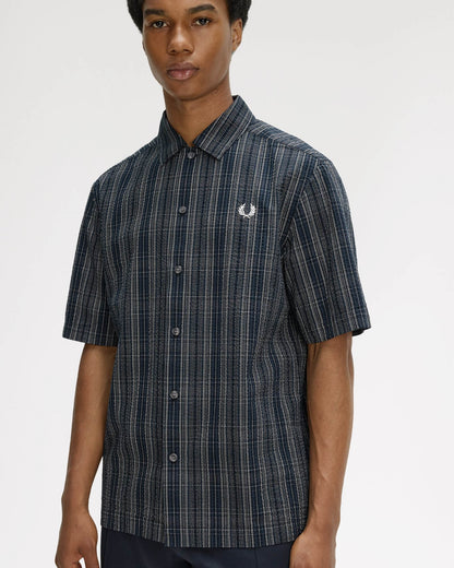 Fred Perry Mens Seersucker Check Shirt - Navy 608 | CHO | Designer Mens Short Sleeve Shirts
