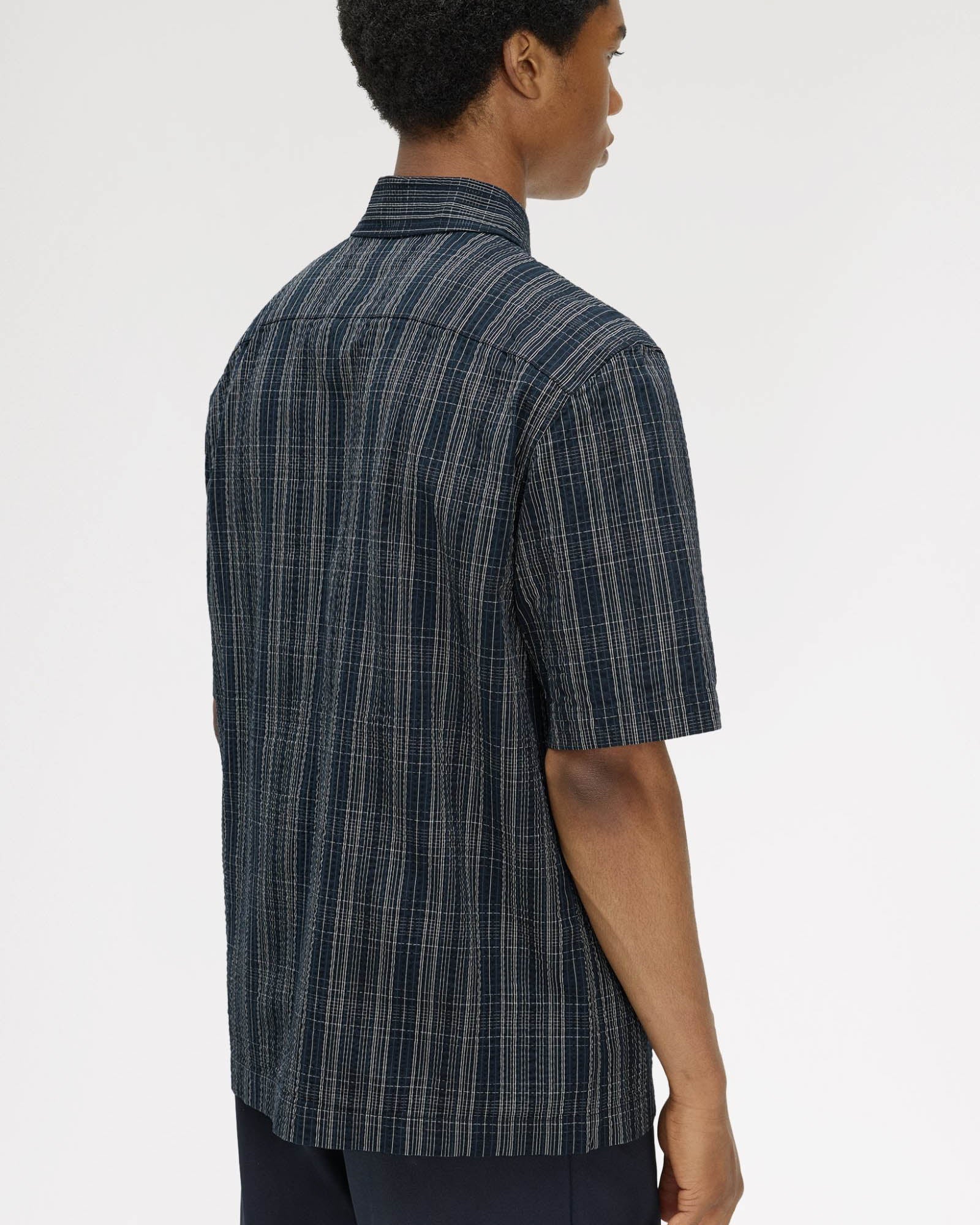 Fred Perry Mens Seersucker Check Shirt - Navy 608 | CHO | Designer Mens Short Sleeve Shirts