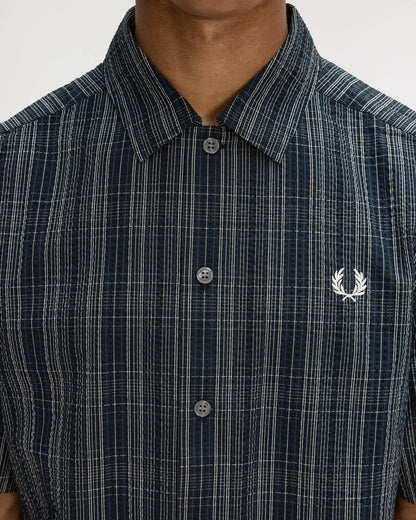Fred Perry Mens Seersucker Check Shirt - Navy 608 | CHO | Designer Mens Short Sleeve Shirts
