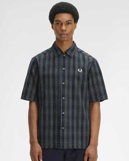 Fred Perry Mens Seersucker Check Shirt - Navy 608 | CHO | Designer Mens Short Sleeve Shirts