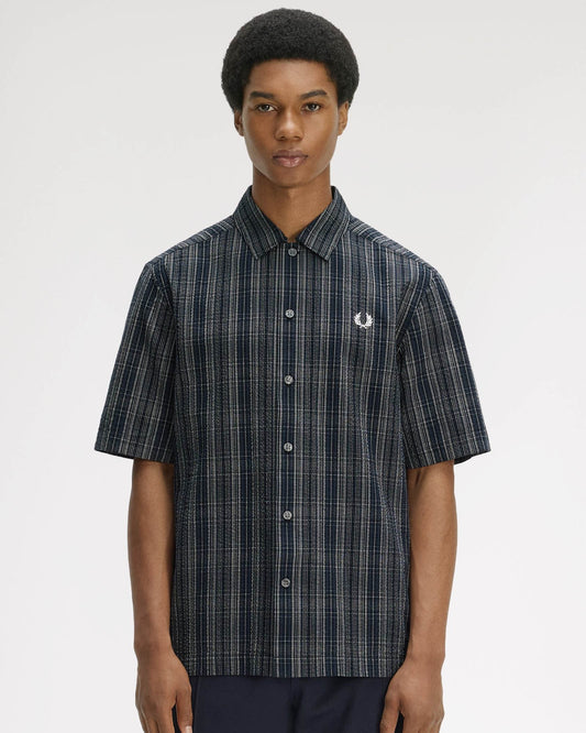 Fred Perry Mens Seersucker Check Shirt - Navy 608