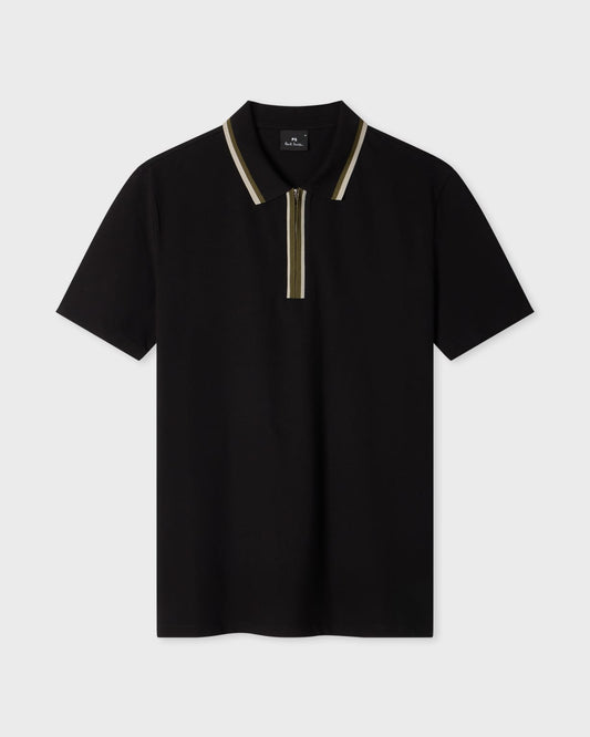 PS Paul Smith Mens Zip Polo Shirt with Tipped Collar and Placket - 79 Black | CHO | Designer Mens Short Sleeve Polo Shirts