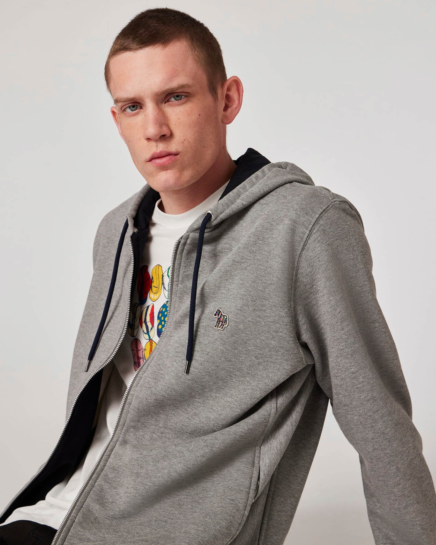 PS Paul Smith Mens Reg Fit Zip Hoodie with Zebra Logo - 72 Grey Melange
