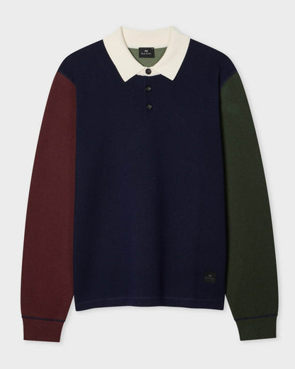 PS Paul Smith Mens Long Sleeve Colour Block Polo Sweater - 49 Very Dark Navy | CHO | Designer Mens Jumpers