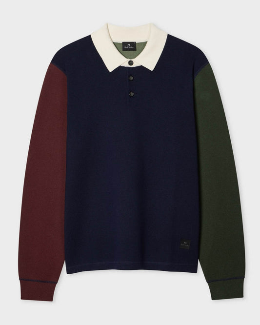 PS Paul Smith Mens Long Sleeve Colour Block Polo Sweater - 49 Very Dark Navy | CHO | Designer Mens Jumpers