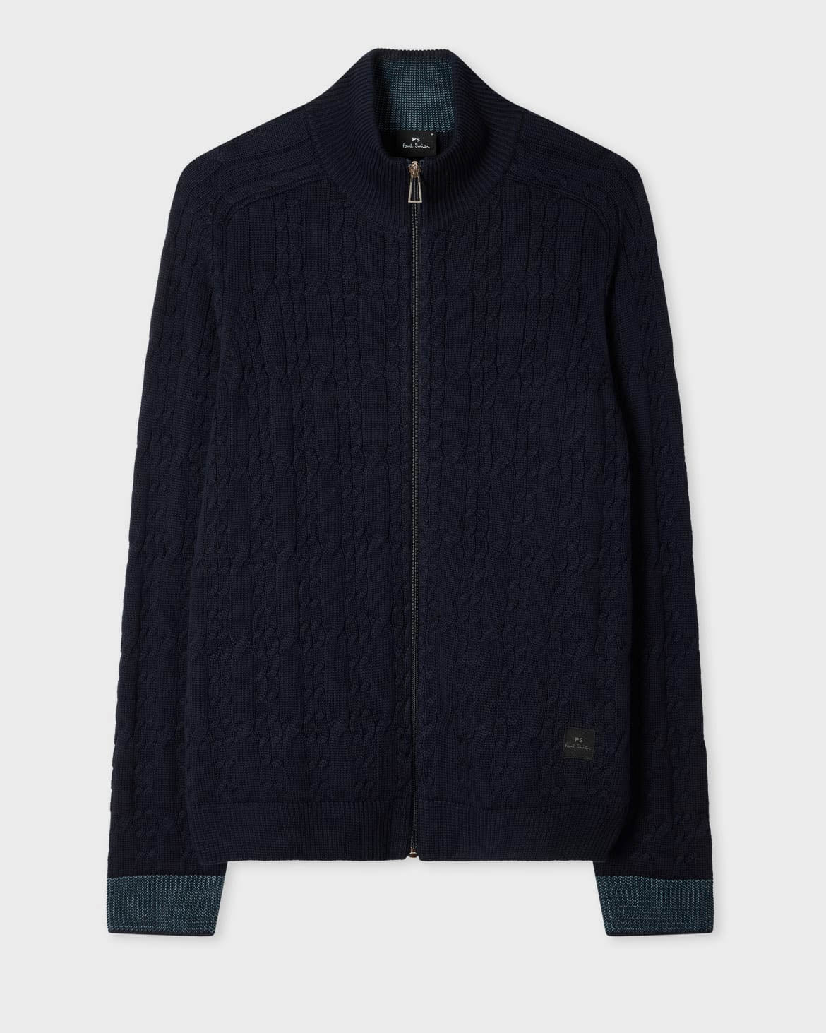 PS Paul Smith Mens Full Zip Cable Knit Sweater - 49 Very Dark Navy | CHO | Designer Mens Jumpers