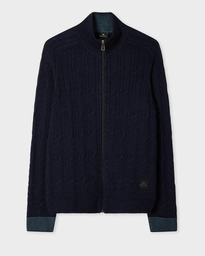 PS Paul Smith Mens Full Zip Cable Knit Sweater - 49 Very Dark Navy | CHO | Designer Mens Jumpers