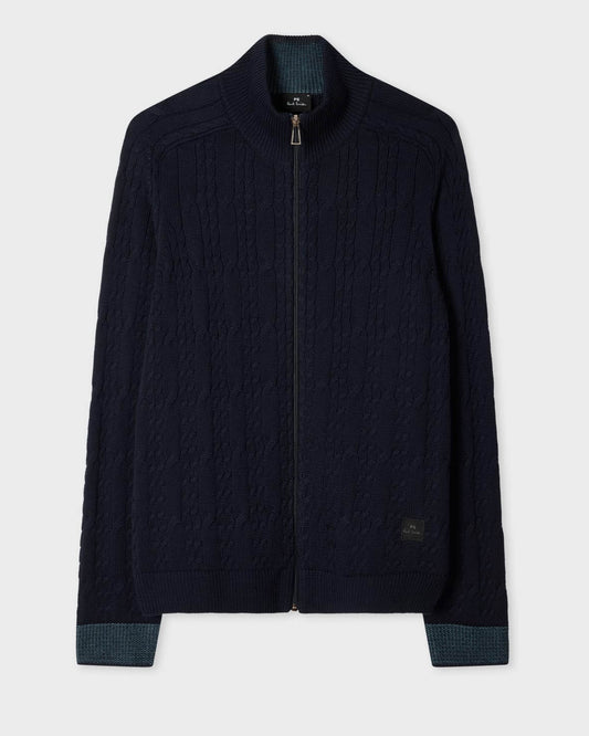PS Paul Smith Mens Full Zip Cable Knit Sweater - 49 Very Dark Navy | CHO | Designer Mens Jumpers