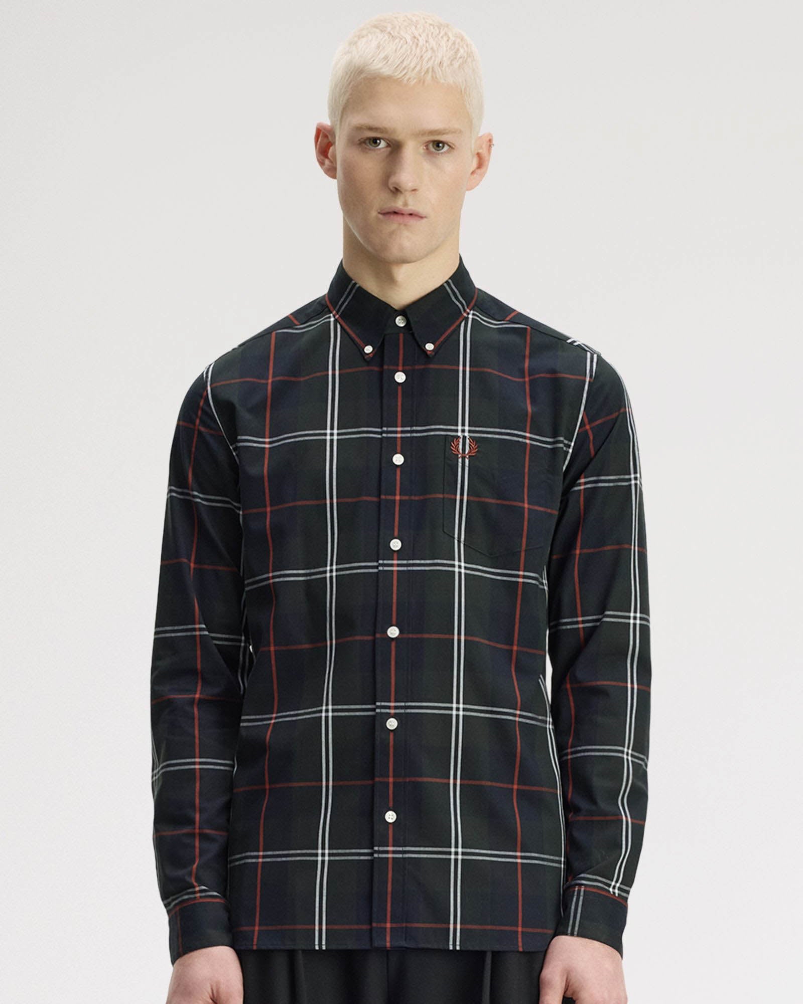 Fred Perry Mens Poplin Tartan Shirt - Night Green Q20, front