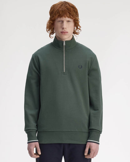 Fred Perry Mens Half Zip Sweatshirt - Court Green/Snow White/Navy 53A