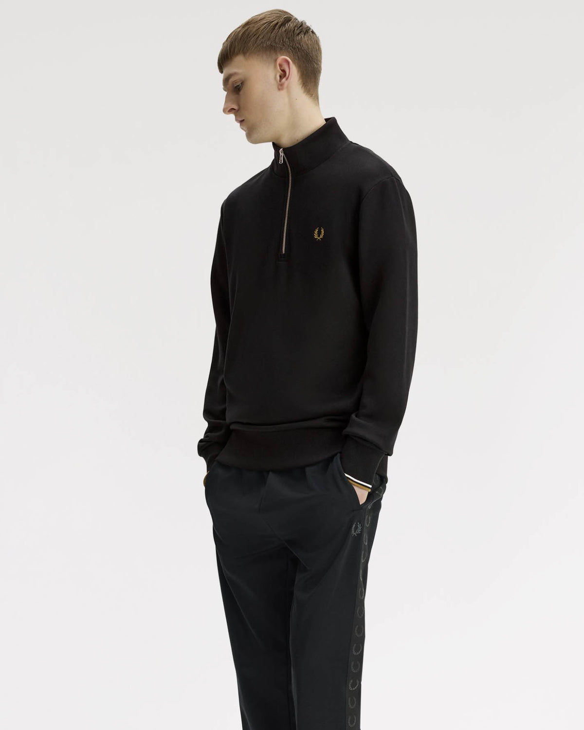 Fred Perry Mens Half Zip Sweatshirt - Black/Snow White/Bronze 59D