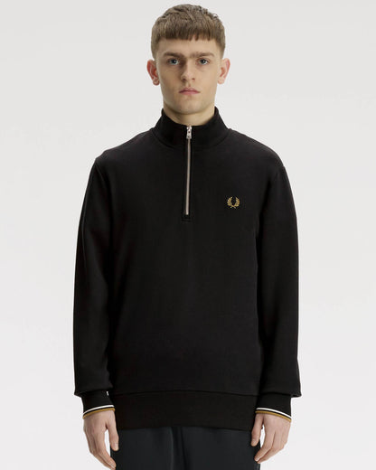 Fred Perry Mens Half Zip Sweatshirt - Black/Snow White/Bronze 59D