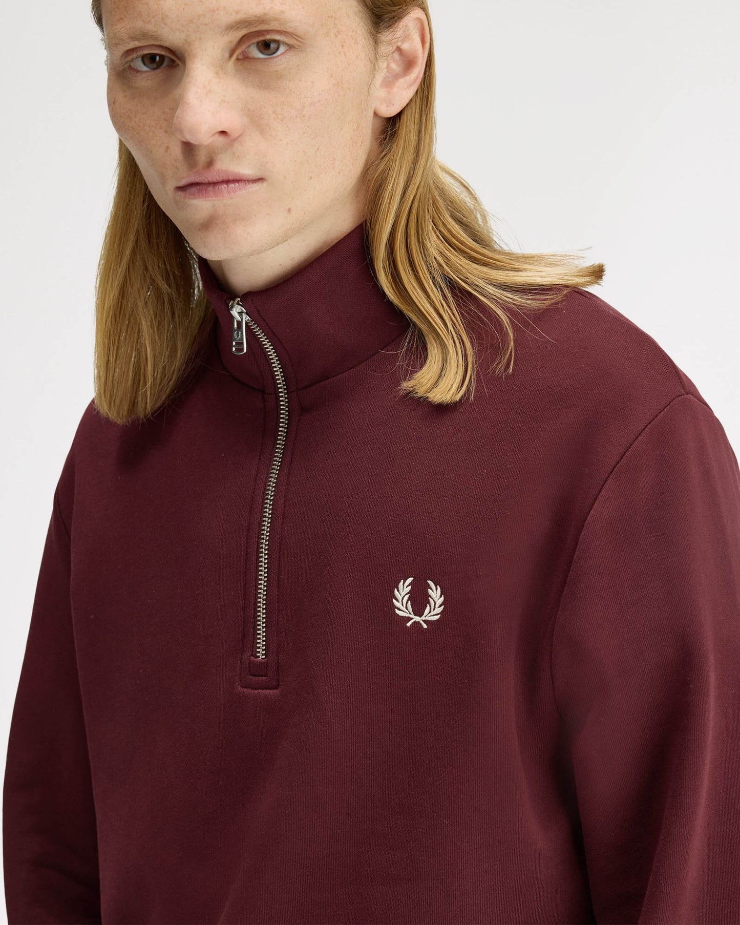 Fred Perry Mens Half Zip Sweatshirt - Oxblood/Ecru 64A | CHO | Designer Mens Half Zip Sweatshirts