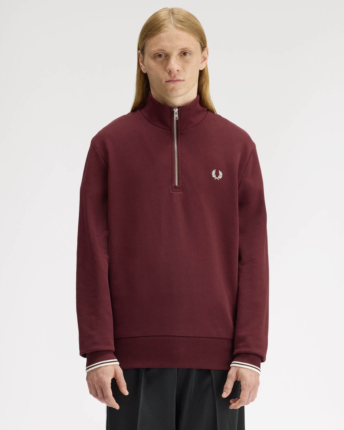 Fred Perry Mens Half Zip Sweatshirt - Oxblood/Ecru 64A | CHO | Designer Mens Half Zip Sweatshirts
