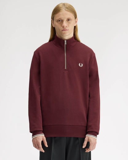 Fred Perry Mens Half Zip Sweatshirt - Oxblood/Ecru 64A | CHO | Designer Mens Half Zip Sweatshirts