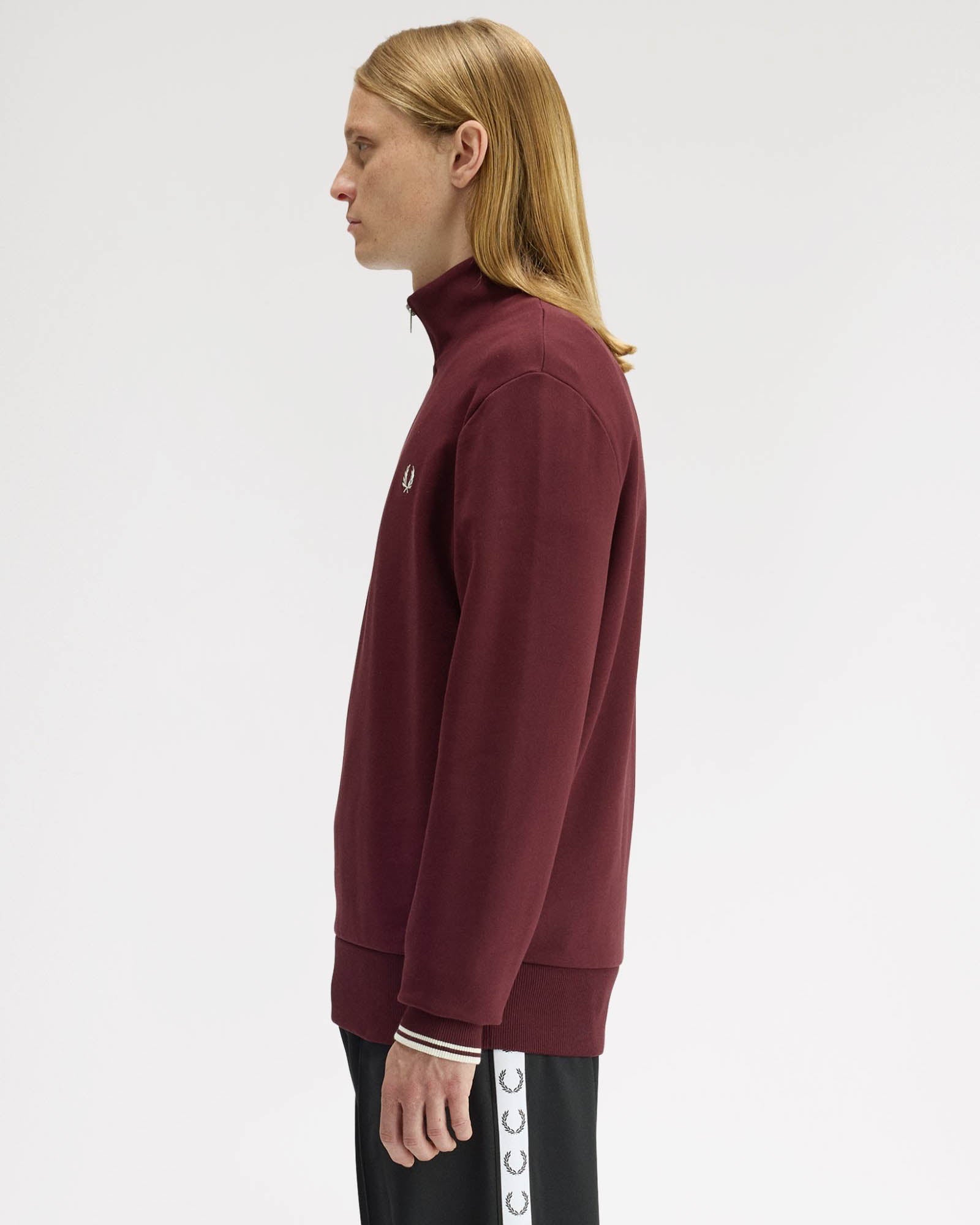 Fred Perry Mens Half Zip Sweatshirt - Oxblood/Ecru 64A | CHO | Designer Mens Half Zip Sweatshirts