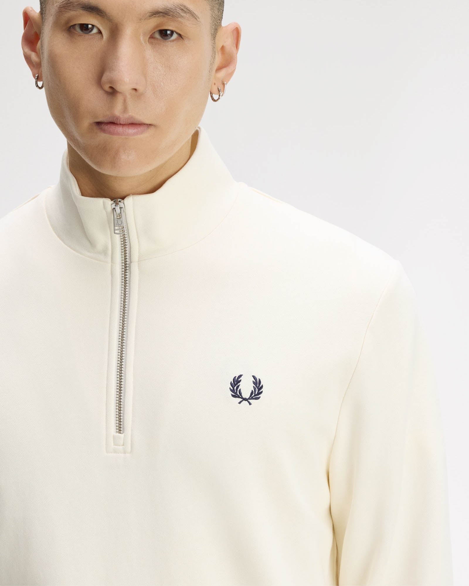 Fred Perry Mens Half Zip Sweatshirt - Ecru/Seagrass/Dark Airforce 68C detail