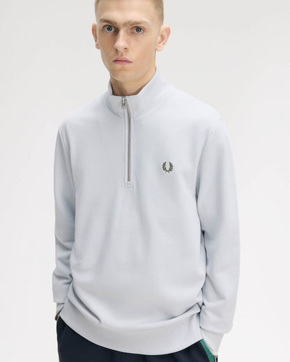 Fred Perry Mens Half Zip Sweatshirt - Dusky Blue/Ecru/Laurel Wreath Green 80B | CHO | Designer Mens Sweatshirts