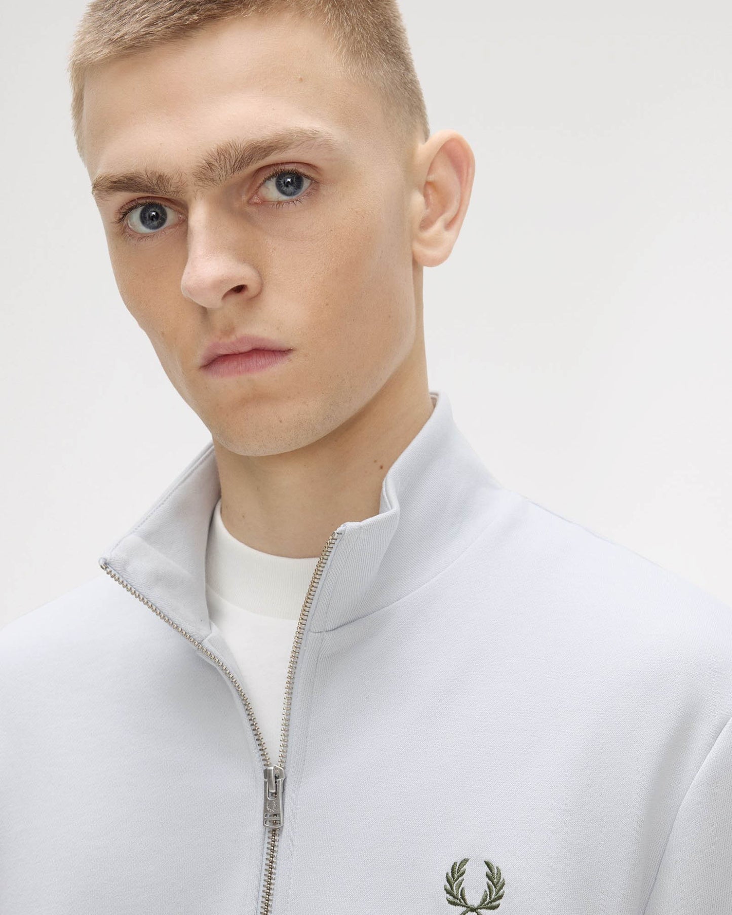 Fred Perry Mens Half Zip Sweatshirt - Dusky Blue/Ecru/Laurel Wreath Green 80B | CHO | Designer Mens Sweatshirts