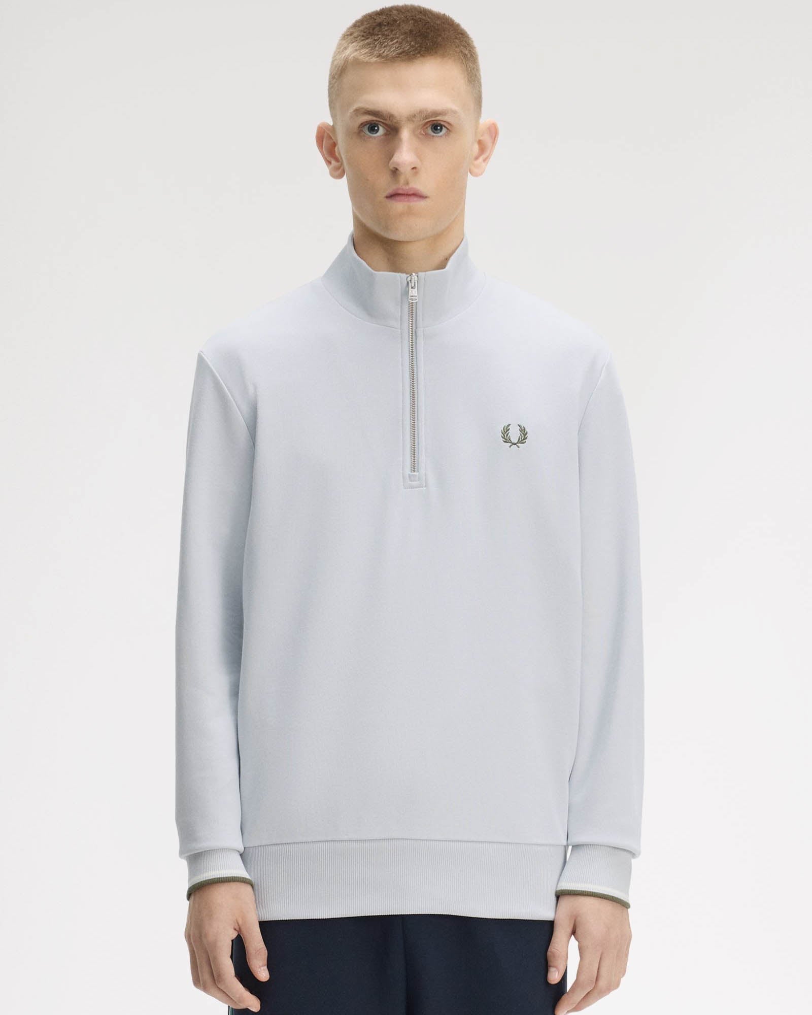 Fred Perry Mens Half Zip Sweatshirt - Dusky Blue/Ecru/Laurel Wreath Green 80B | CHO | Designer Mens Sweatshirts